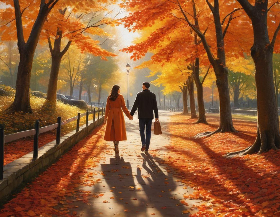 A couple walking hand-in-hand through a scenic path, surrounded by vibrant autumn leaves, symbolizing both love and the complexities of life. Include playful imagery of insurance documents floating like leaves in the breeze. Warm colors reflecting a sense of unity and care, emphasizing the journey of love intertwined with responsibility. super-realistic. warm colors. vibrant details.