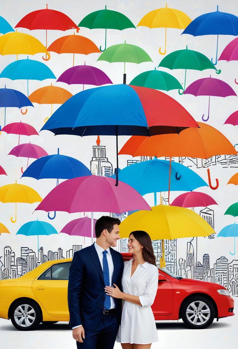 A couple standing together under a sturdy, modern umbrella symbolizing protection, surrounded by various life insurance icons like a house, car, and health symbol, all connected by a vibrant network of security lines. They are smiling confidently at the viewer, showcasing trust and partnership in planning their future. The background features a bright and optimistic skyline. super-realistic. vibrant colors. white background.