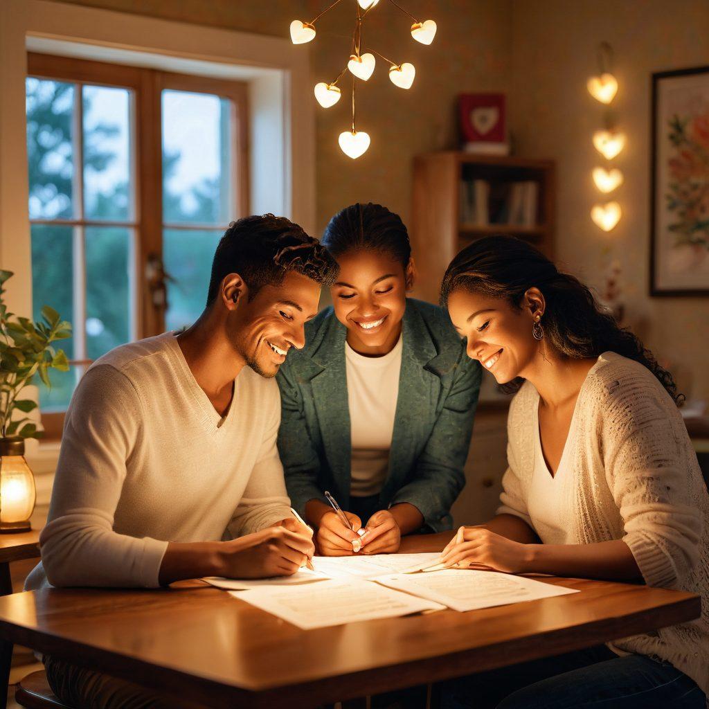 A couple sitting together at a cozy table, examining their insurance documents with smiles on their faces, surrounded by a heart-shaped arrangement of various symbols representing life coverage (like a small house, car, and family). A soft glow of warm lighting enhances the intimate atmosphere. In the background, a serene landscape represents security and stability. elegant illustration. vibrant colors. soft focus.